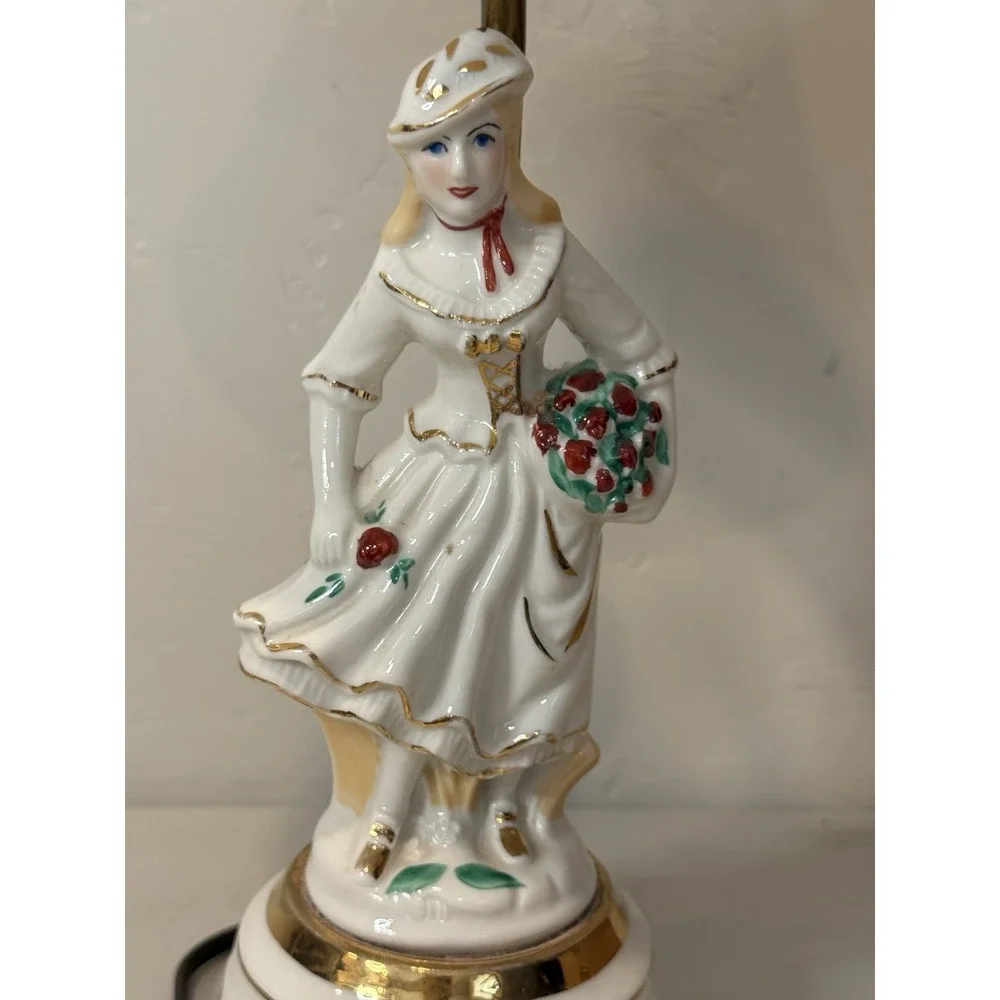 Vintage Porcelain Lady Nightlight Table Lamp Retro Boudoir Light Gold Trim